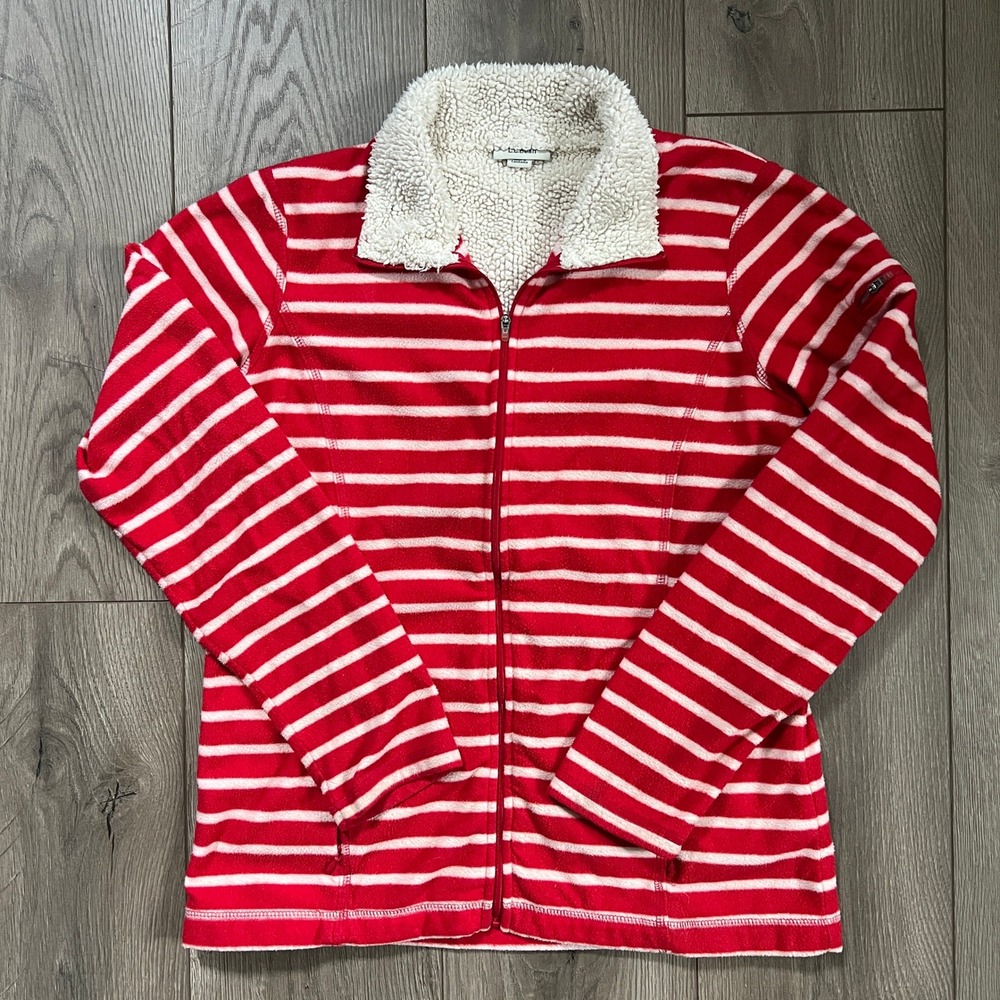 LL Bean Womens Small Regular Full Zip Red White Striped Fleece Sweatshirt Sherpa